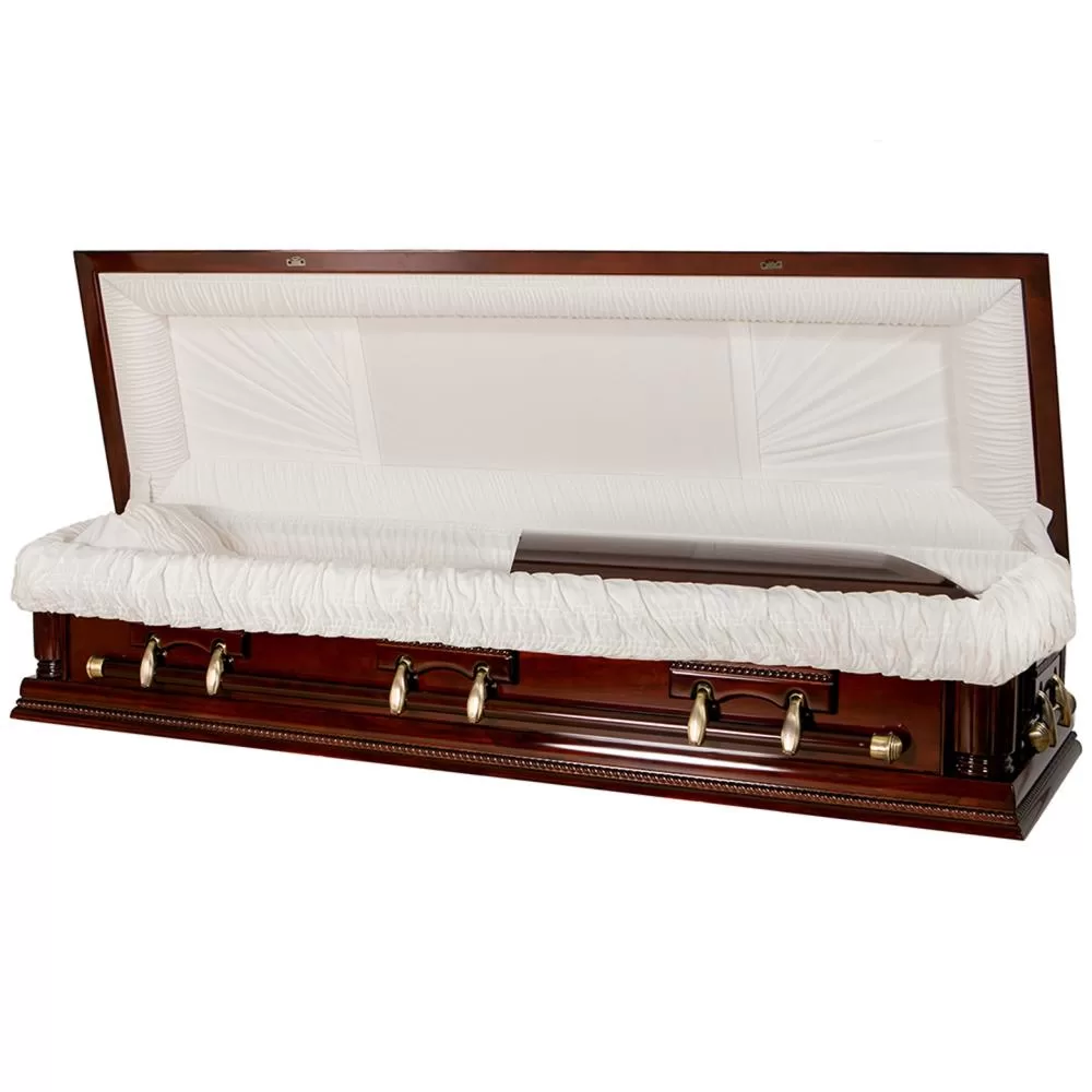 Solid Poplar Full-Couch Wood Casket with Feet Cover – High Gloss, Ivory Velvet Interior