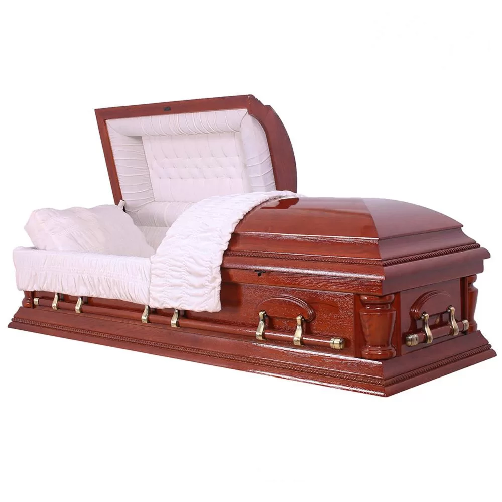 Solid Oak Half-Couch Wood Casket – High-Gloss Ivory Interior Presentation