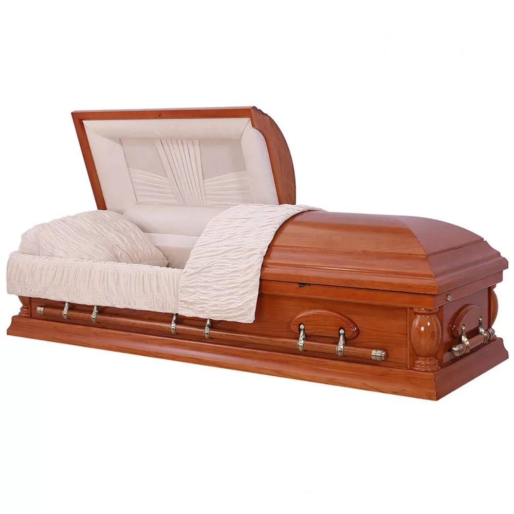 Solid Oak Half-Couch Wood Casket – High-Gloss Traditional Detailing