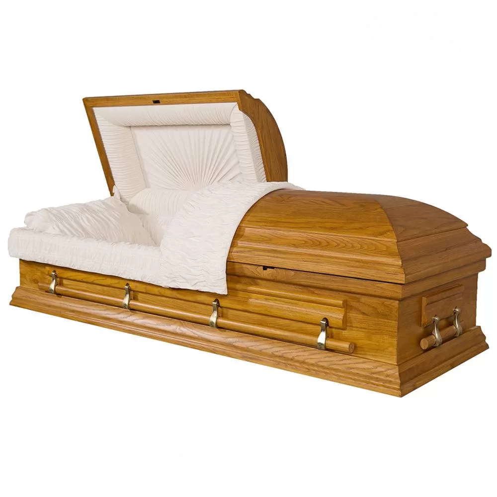 Solid Oak Half-Couch Wood Casket – Medium-Gloss Traditional Profile