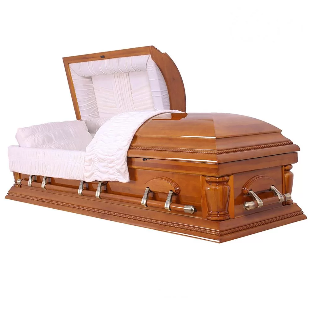 Solid Poplar Half-Couch Wood Casket – High-Gloss Ivory Interior Presentation