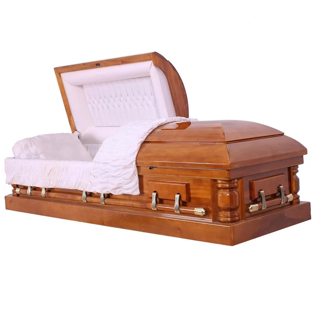 Solid Poplar Half-Couch Wood Casket – High-Gloss Ivory Interior, Refined Build