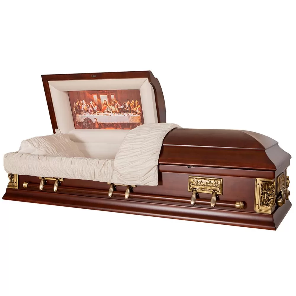 Solid Poplar Half-Couch Wood Casket – Last Supper Carved Design, Medium Gloss