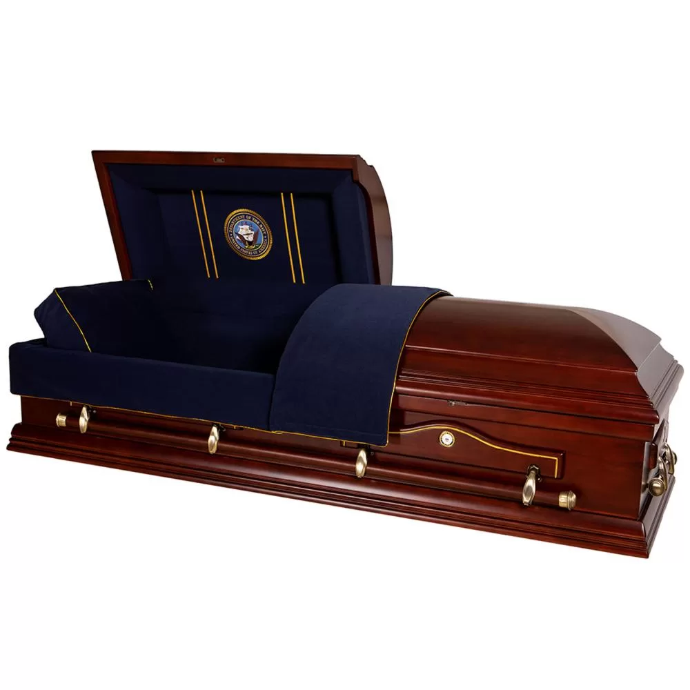 Solid Poplar Half-Couch Wood Casket – Medium-Gloss Blue Velvet Interior, Classic Tone