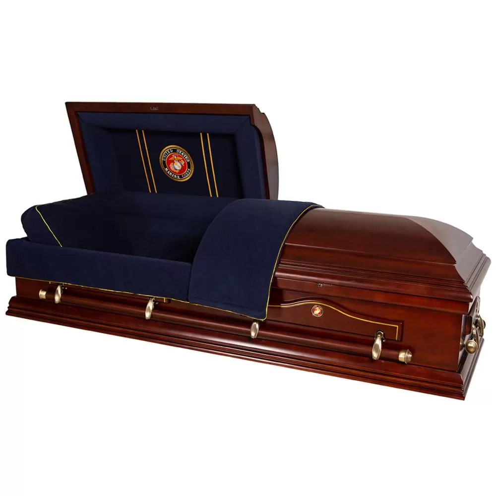 Solid Poplar Half-Couch Wood Casket – Medium-Gloss with Blue Velvet Interior