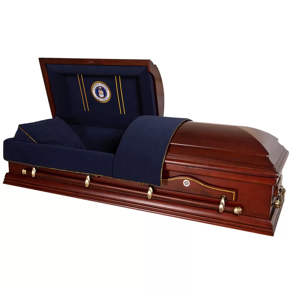 Solid Poplar Half-Couch Wood Casket – Medium-Gloss with Air Force Blue Velvet Interior
