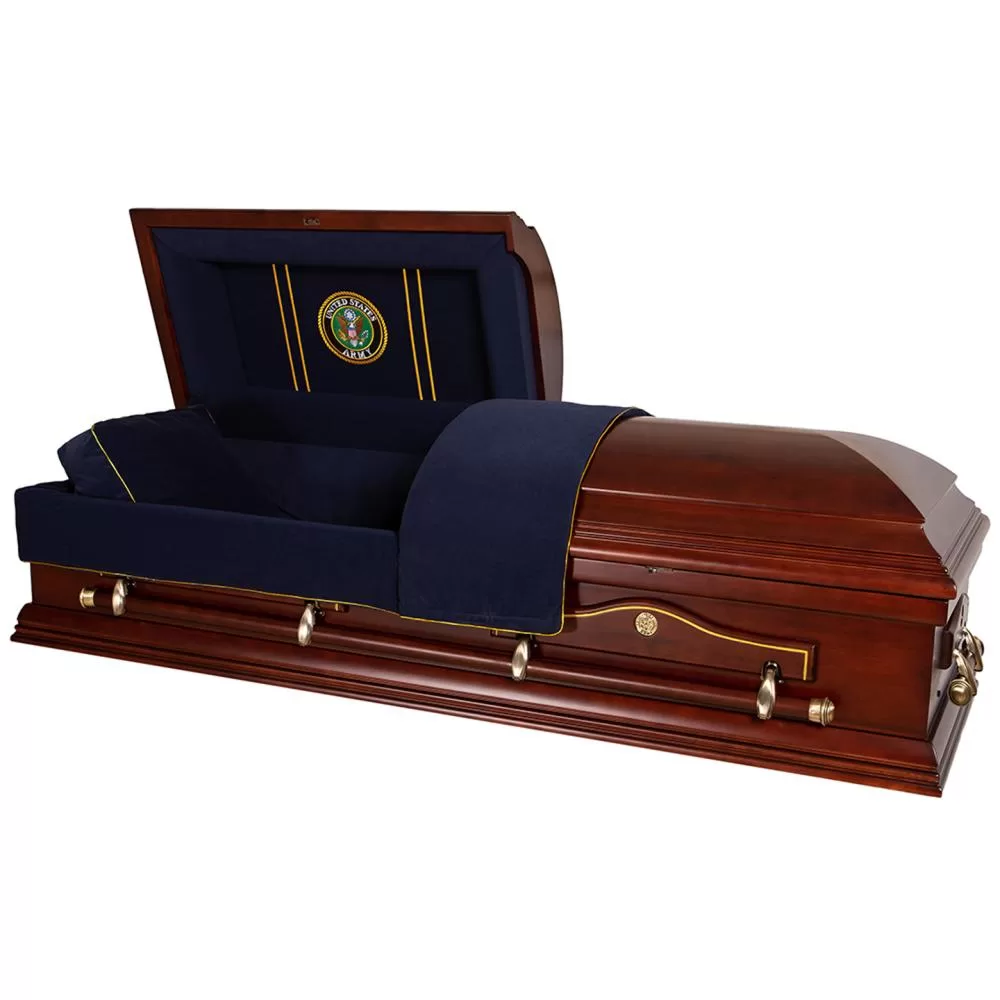 Solid Poplar Half-Couch Wood Casket – Medium-Gloss with Army Blue Velvet Interior