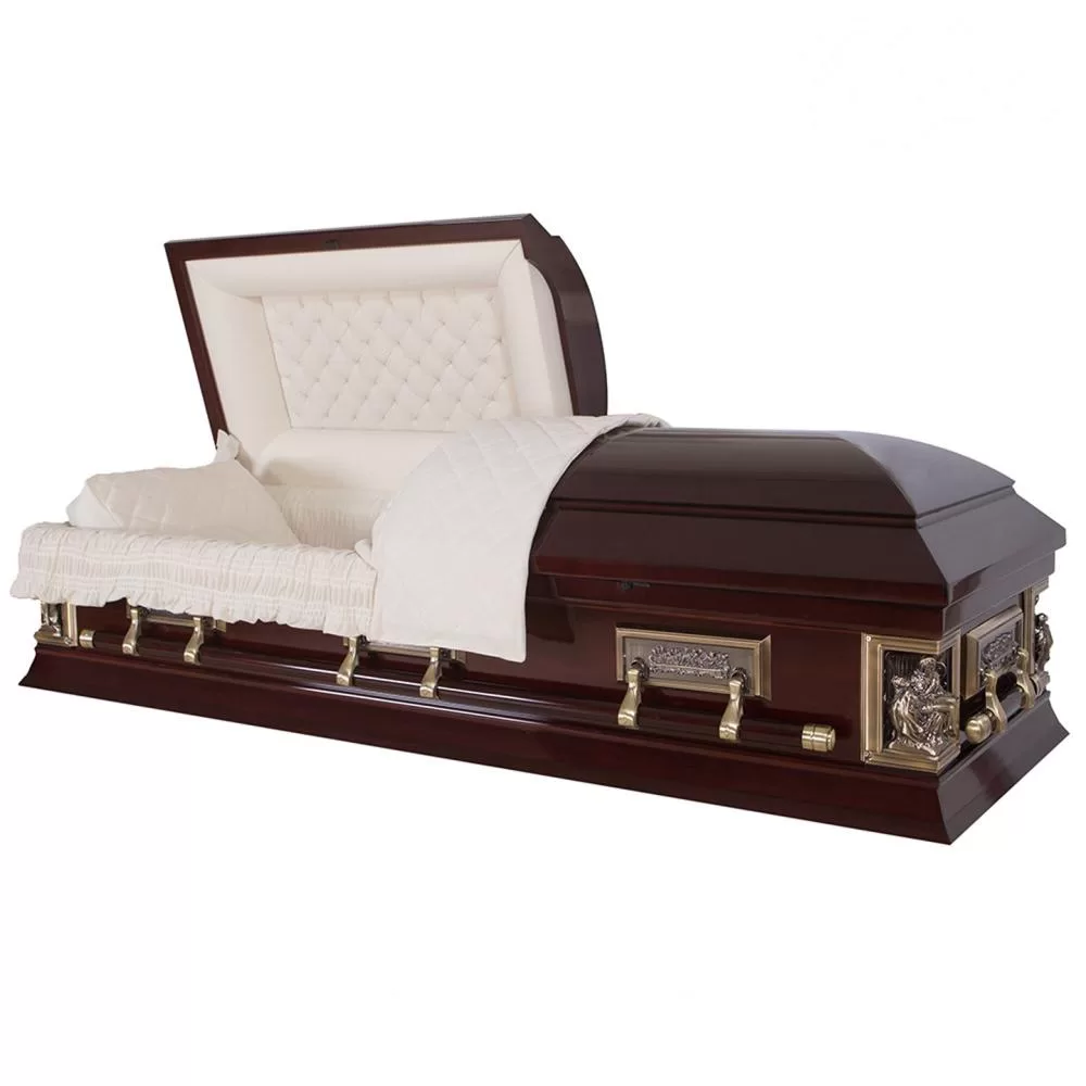 Solid Mahogany Half-Couch Wood Casket – Last Supper Corner Carving, High-Gloss