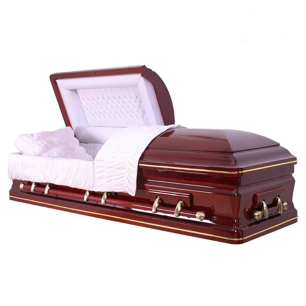 Solid Poplar Half-Couch Wood Casket – High-Gloss Gold Trim with Ivory Interior