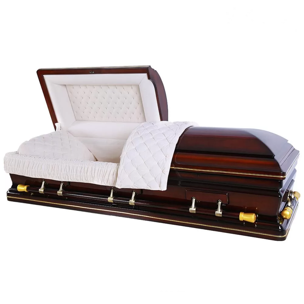Solid Poplar Half-Couch Wood Casket – High-Gloss Gold End Cap Detail