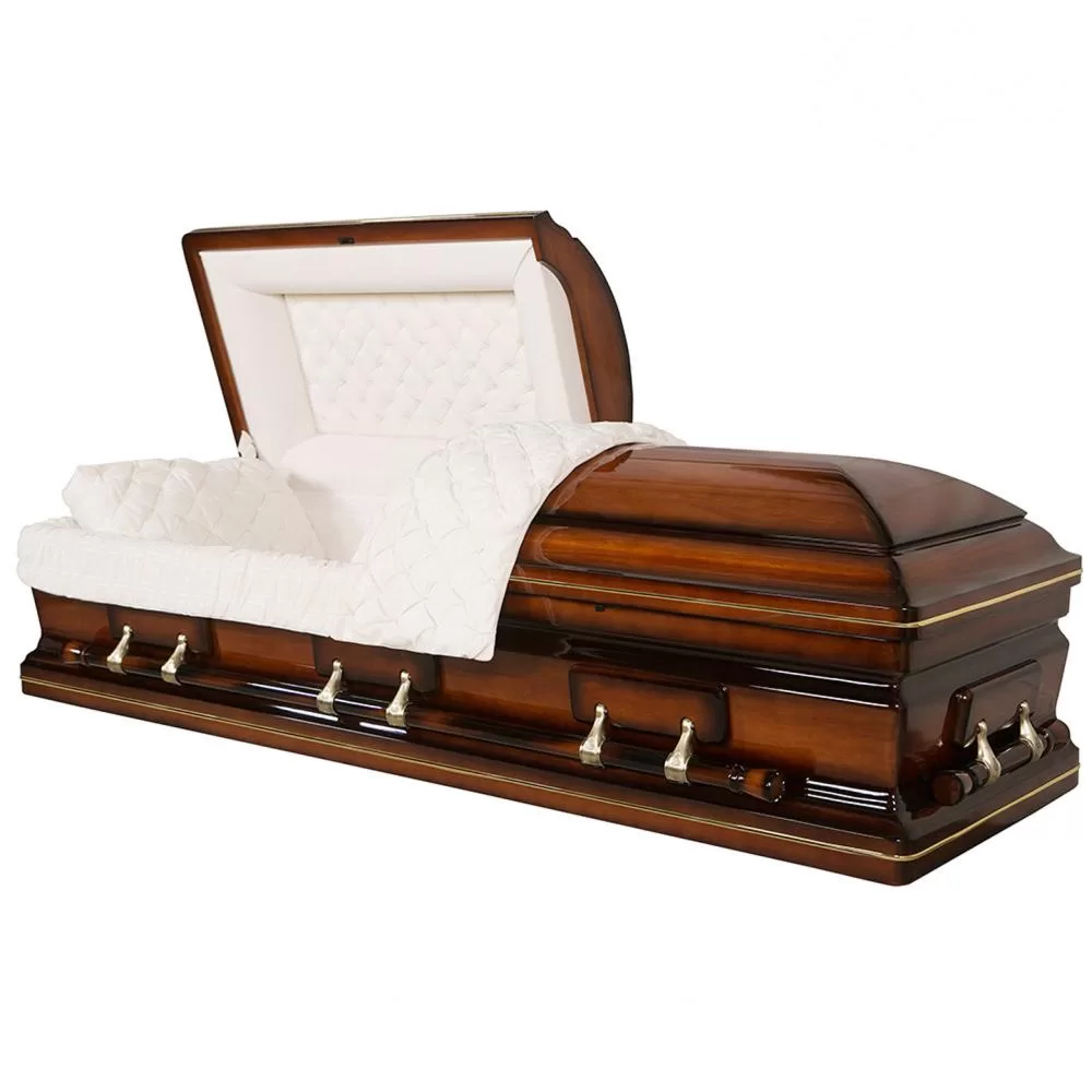 Solid Poplar Half-Couch Wood Casket – High-Gloss Gold Trim Accents