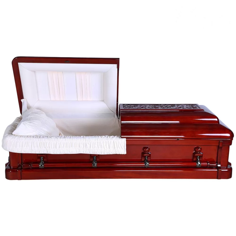 Solid Mahogany Full-Couch Wood Casket – Oversize High-Gloss with Foot Cover